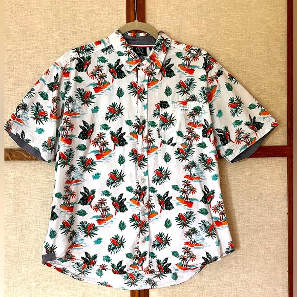 Burnside Parrot Palm Trees Short Sleeve Button Front Hawaiian Shirt - XL - Picture 1 of 12